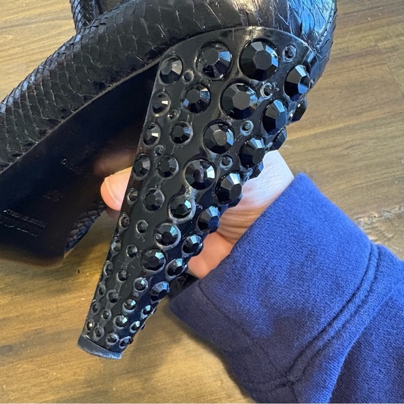 Miu Miu Black Patent Peep Toe Jeweled Heels Python Snake Skin Rhinestones 37 - Picture 9 of 14